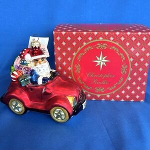 Christopher Radko Jolly Jalopy Santa Red Car Glass Ornament 1996 Poland Box Tags